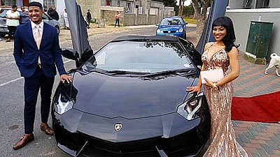Chauffeur Rentals For Matric Balls Couple Next To Lamborghini Aventador